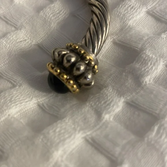 Cable Silver Bracelet Black Stone Gold Bead Tone Accent Adjustable Wrist Jewelry - Picture 5 of 10